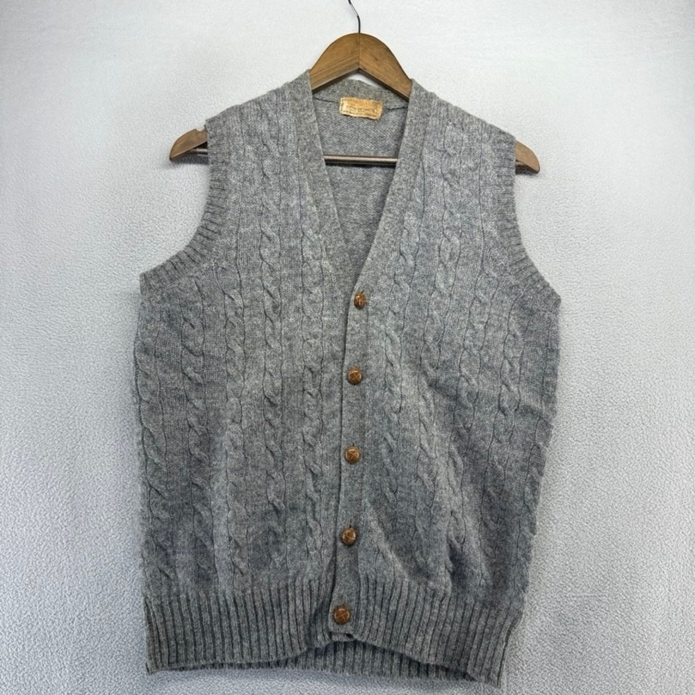 Vintage Braemar Sweater Vest Mens Large Gray Scotland Shetland Wool Cable Knit
